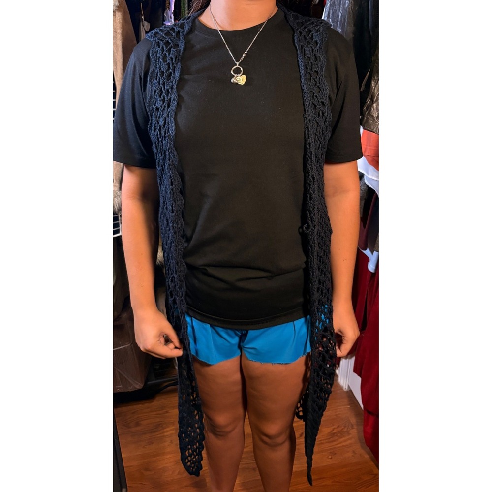 Umgee Crochet Vest Women Large Navy Blue Good Open Knit Longline J2770